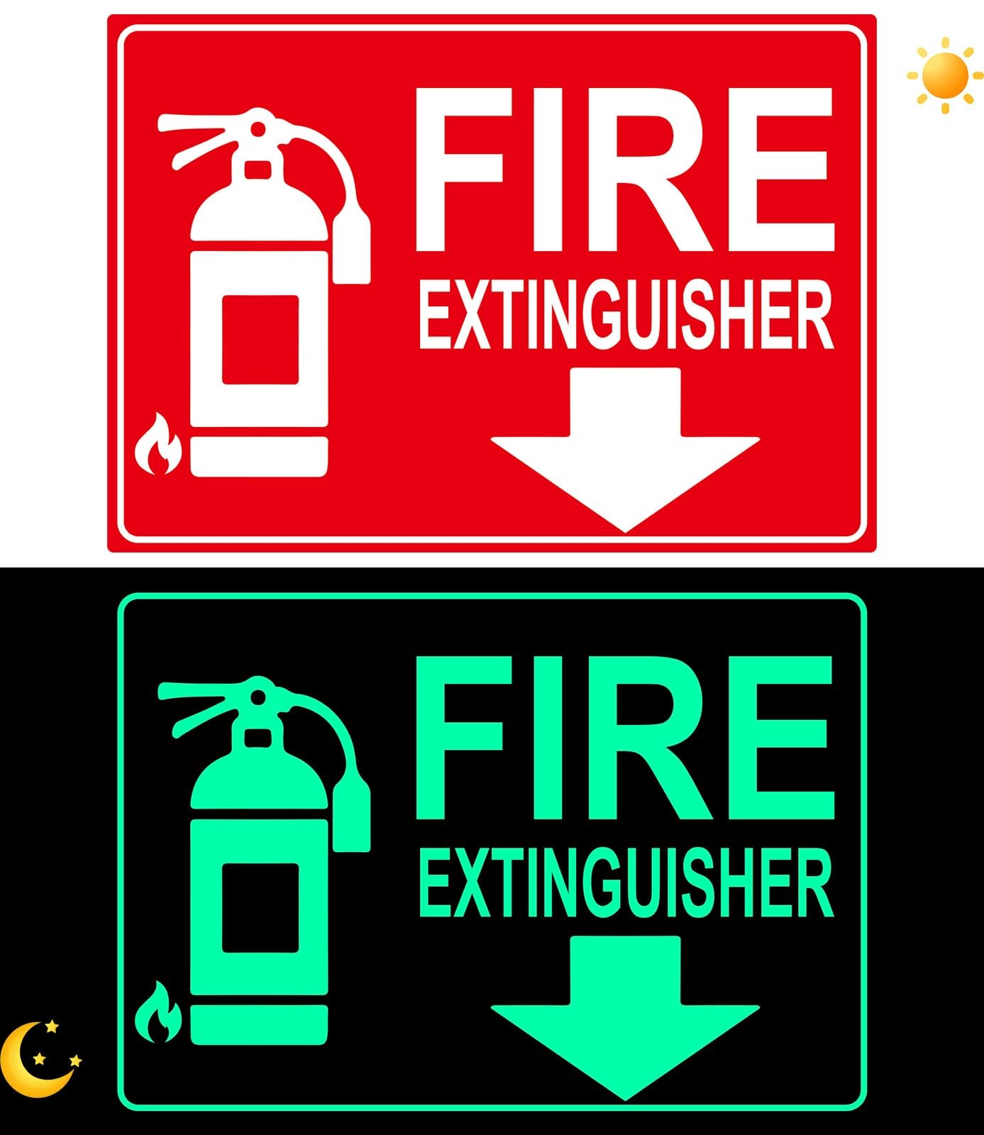 Fire Extinguisher Sign Sticker Glow in The Dark with Arrow 10x 7Inch 2 Pack