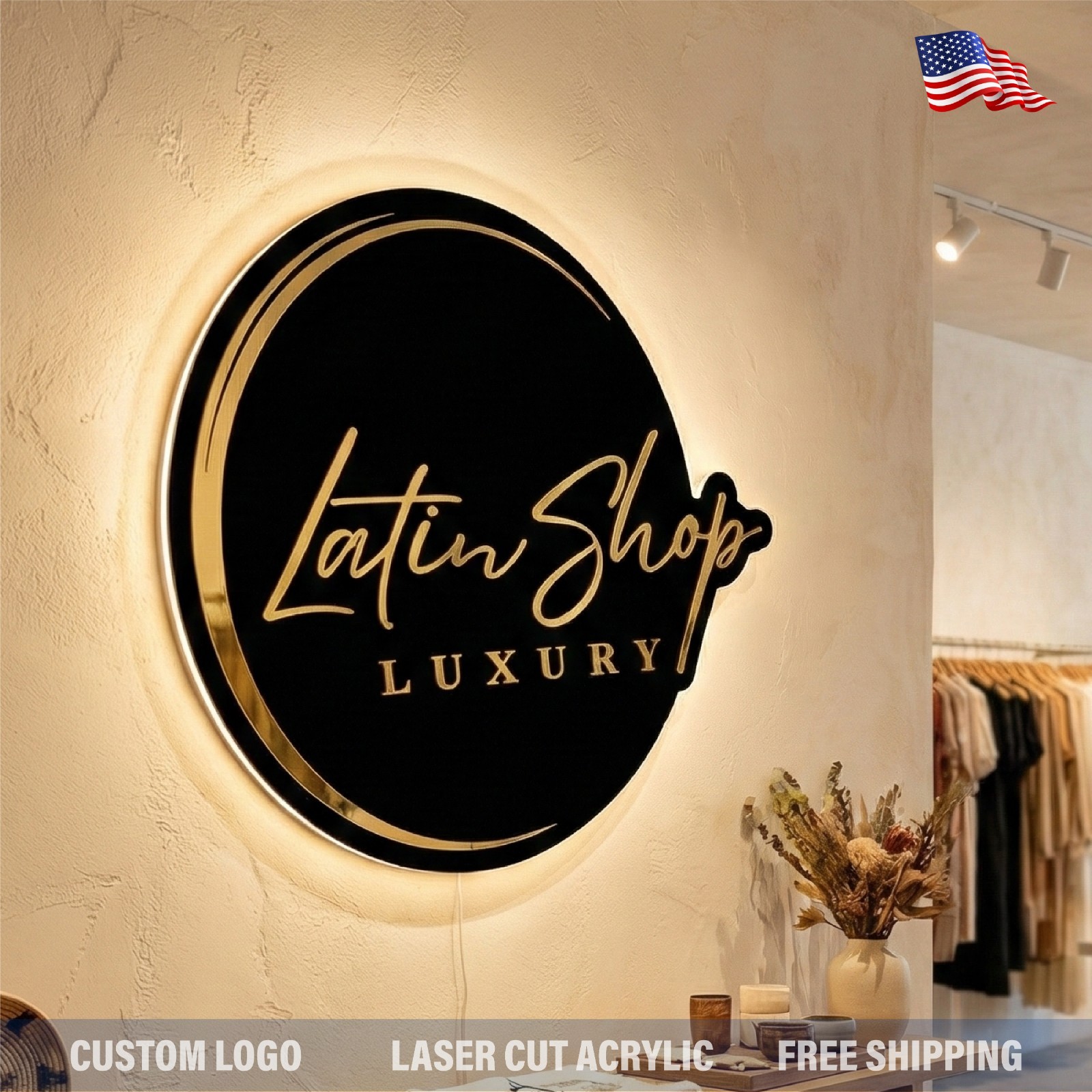 Custom Round Acrylic Logo Wall Sign LED Halo Backlit Mirror Finish