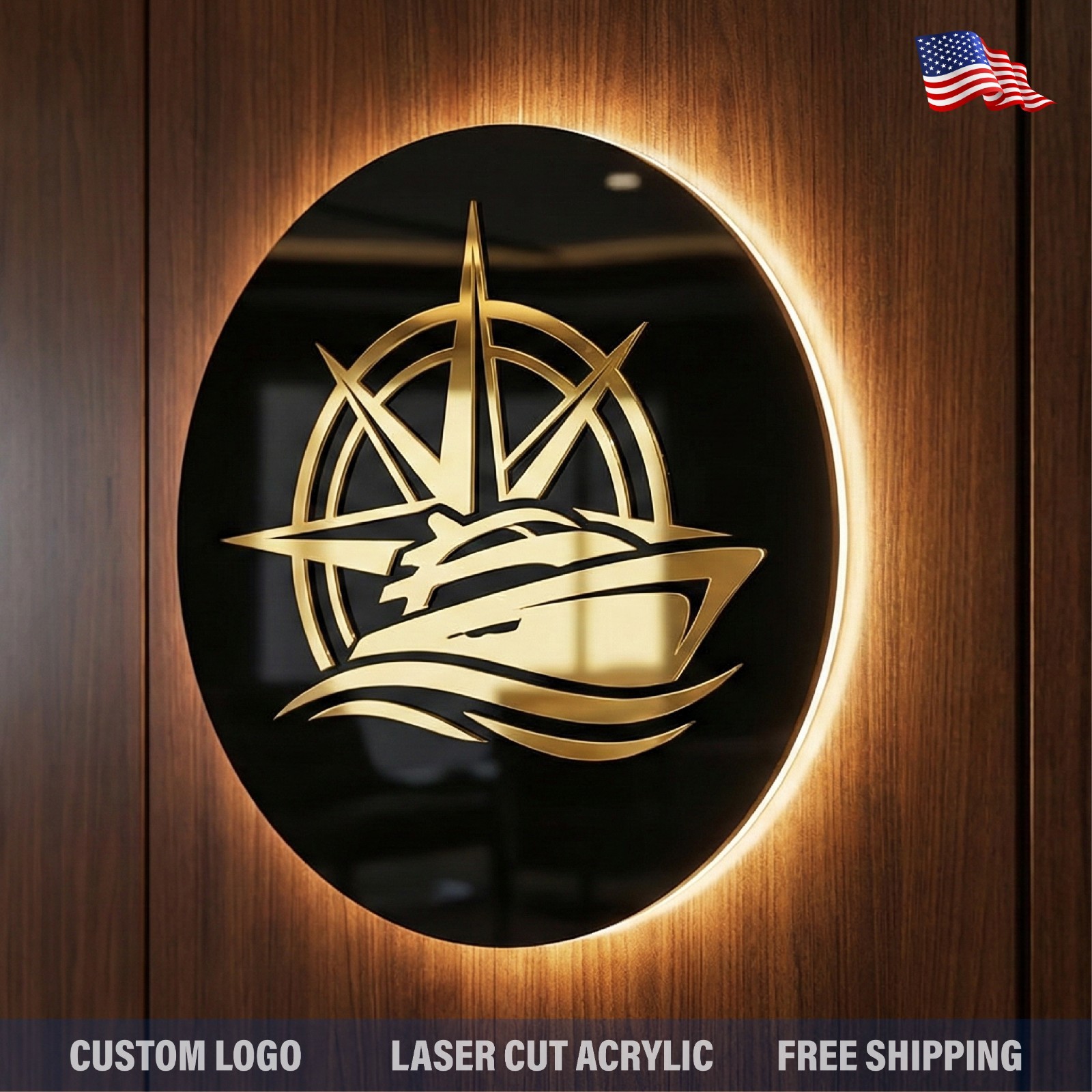 Custom Round Acrylic Logo Wall Sign LED Halo Backlit Mirror Finish