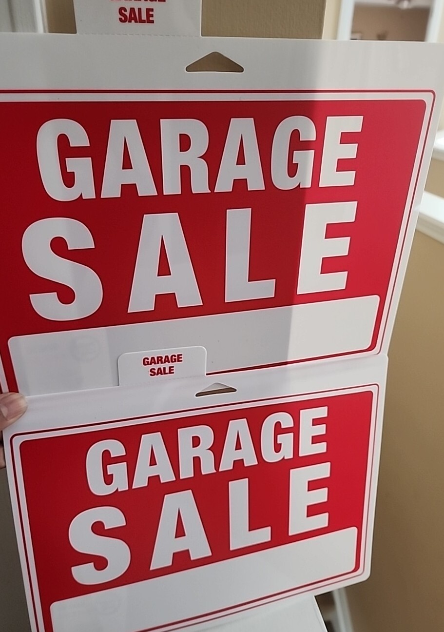 2 Pack Lot – Garage Sale Signs 9″x12″ Durable Plastic Weatherproof Red/White New