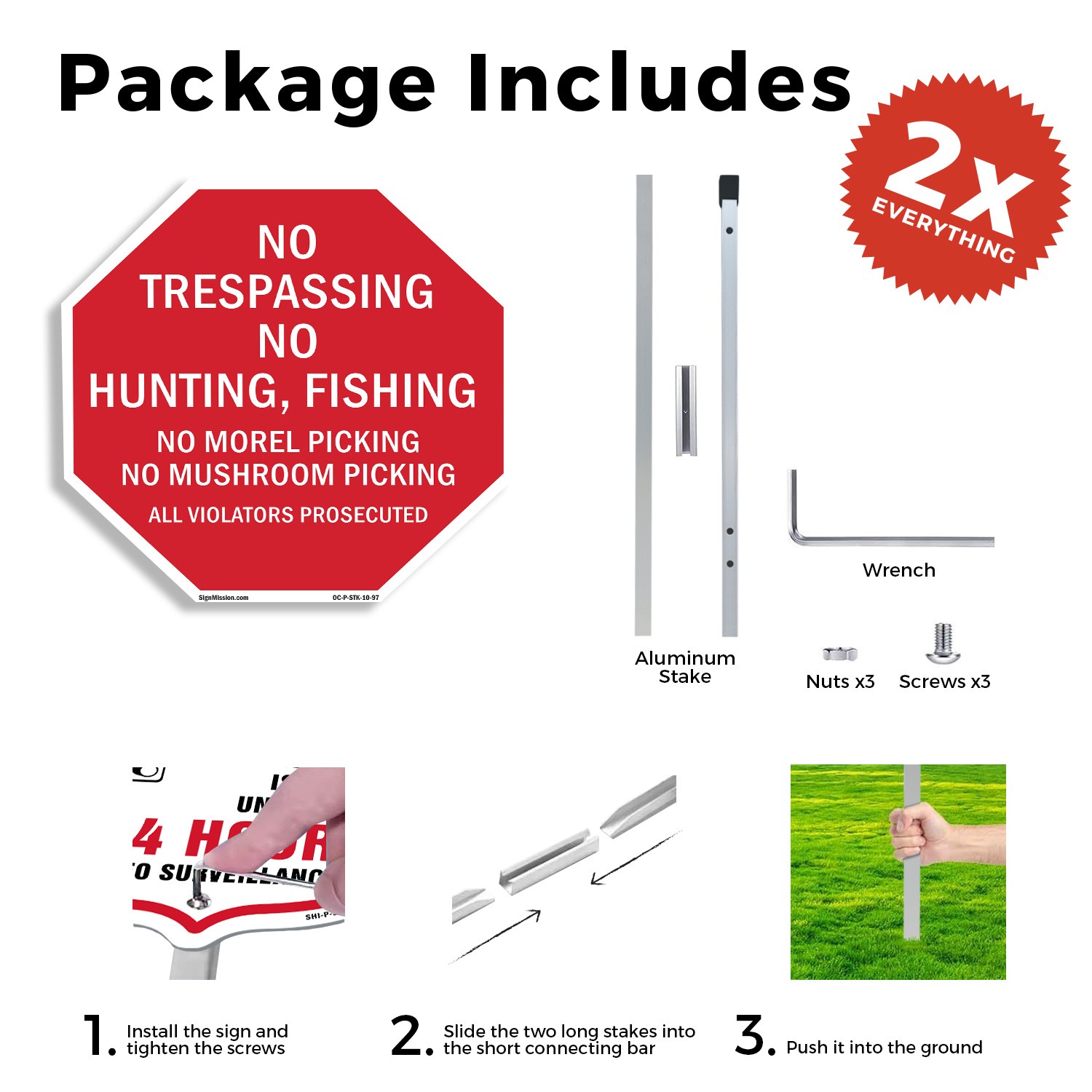 No Trespassing No Hunting, Fishin Octagon Sign With Stake Weather Resistant
