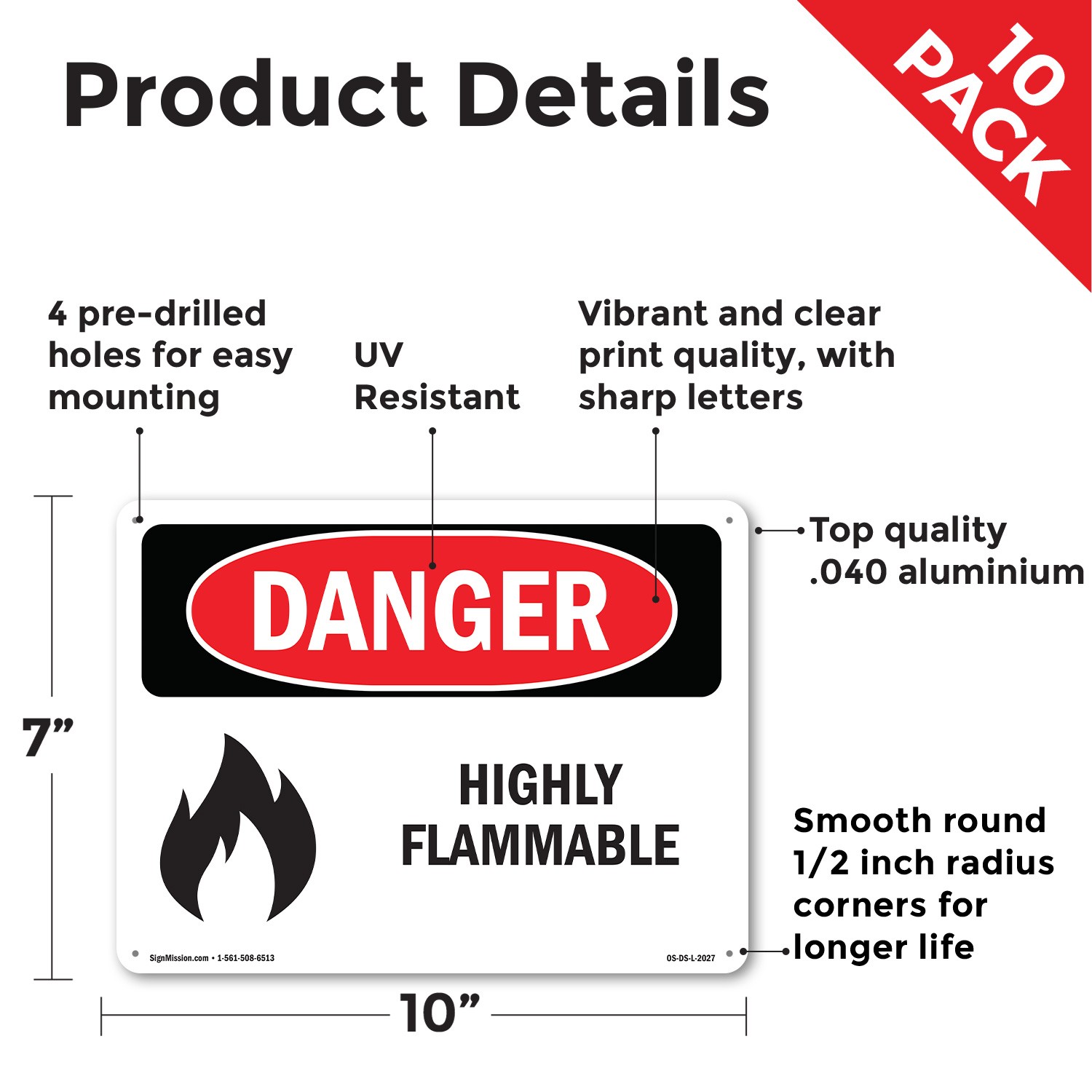 Highly Flammable OSHA Danger Sign Metal, Plastic, Or Decal – 5 or 10 Pack