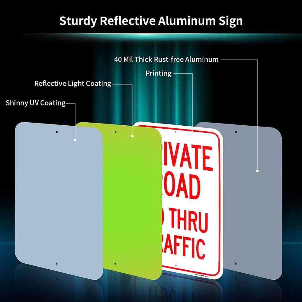 Large Private Road No Thru Traffic Sign, 18″x 12″ .040 Aluminum Reflective Si…