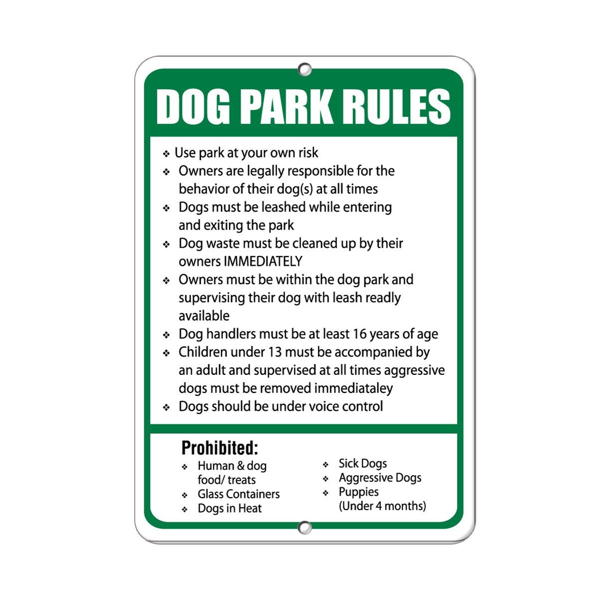 Aluminum Vertical Metal Sign Dog Park Regulations Campground 12×18 Inches