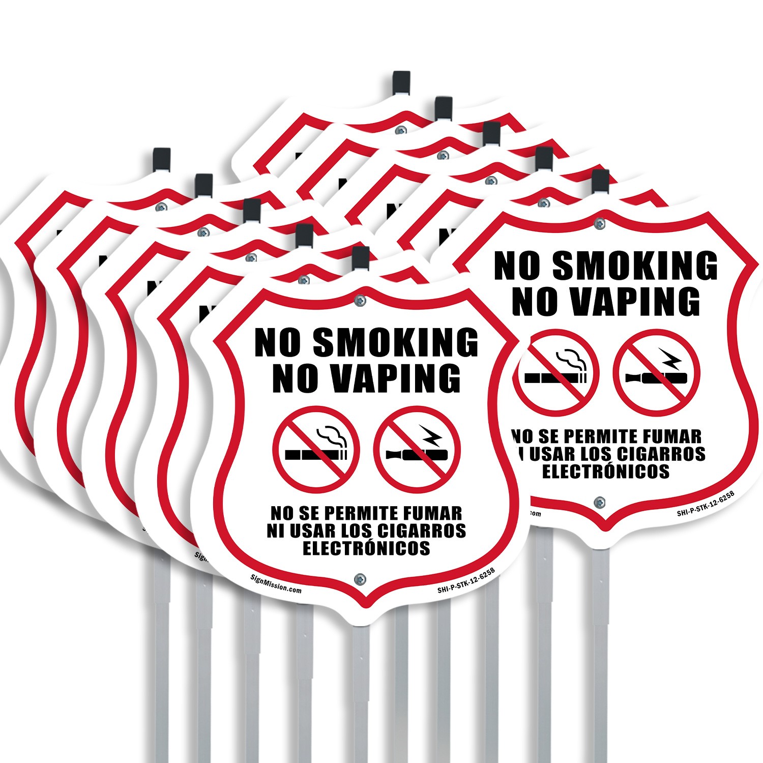 No Smoking No Vaping Bilingual English / Spanish Shield Shaped Sign With Stake