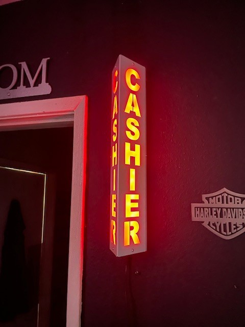 CASHIER Lighted LED Sign. 18 inch. Aluminum. 120V w/ Remote & Bluetooth.