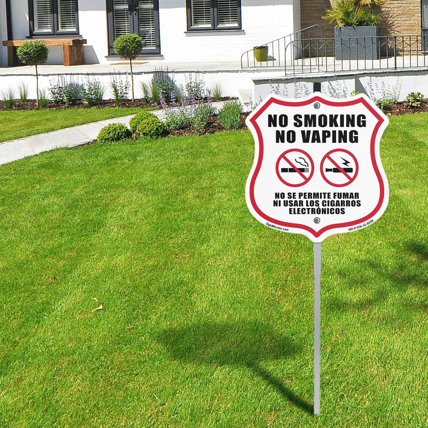 No Smoking No Vaping Bilingual English / Spanish Shield Shaped Sign With Stake