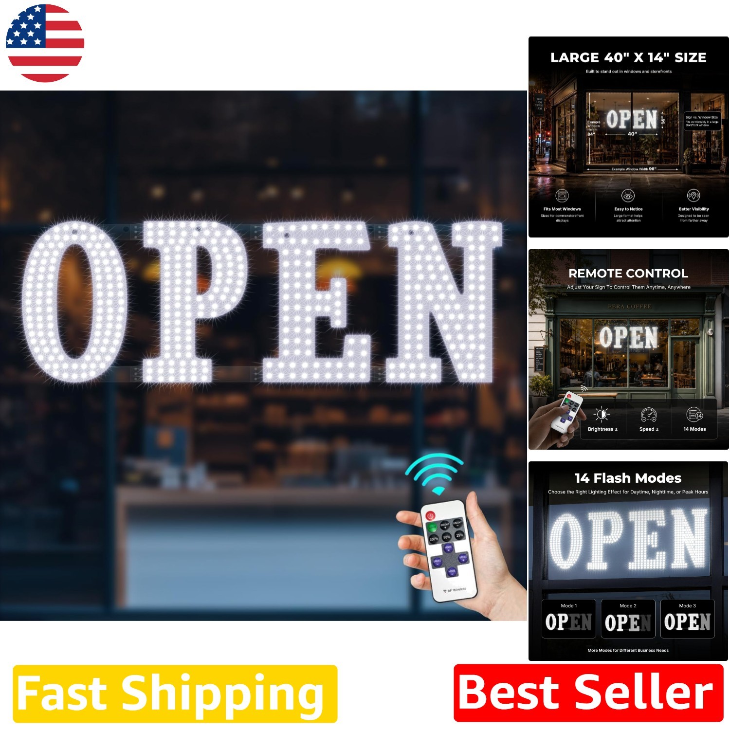 Large LED Open Sign 40″x14″ Remote Control 14 Modes Ultra Bright Storefront