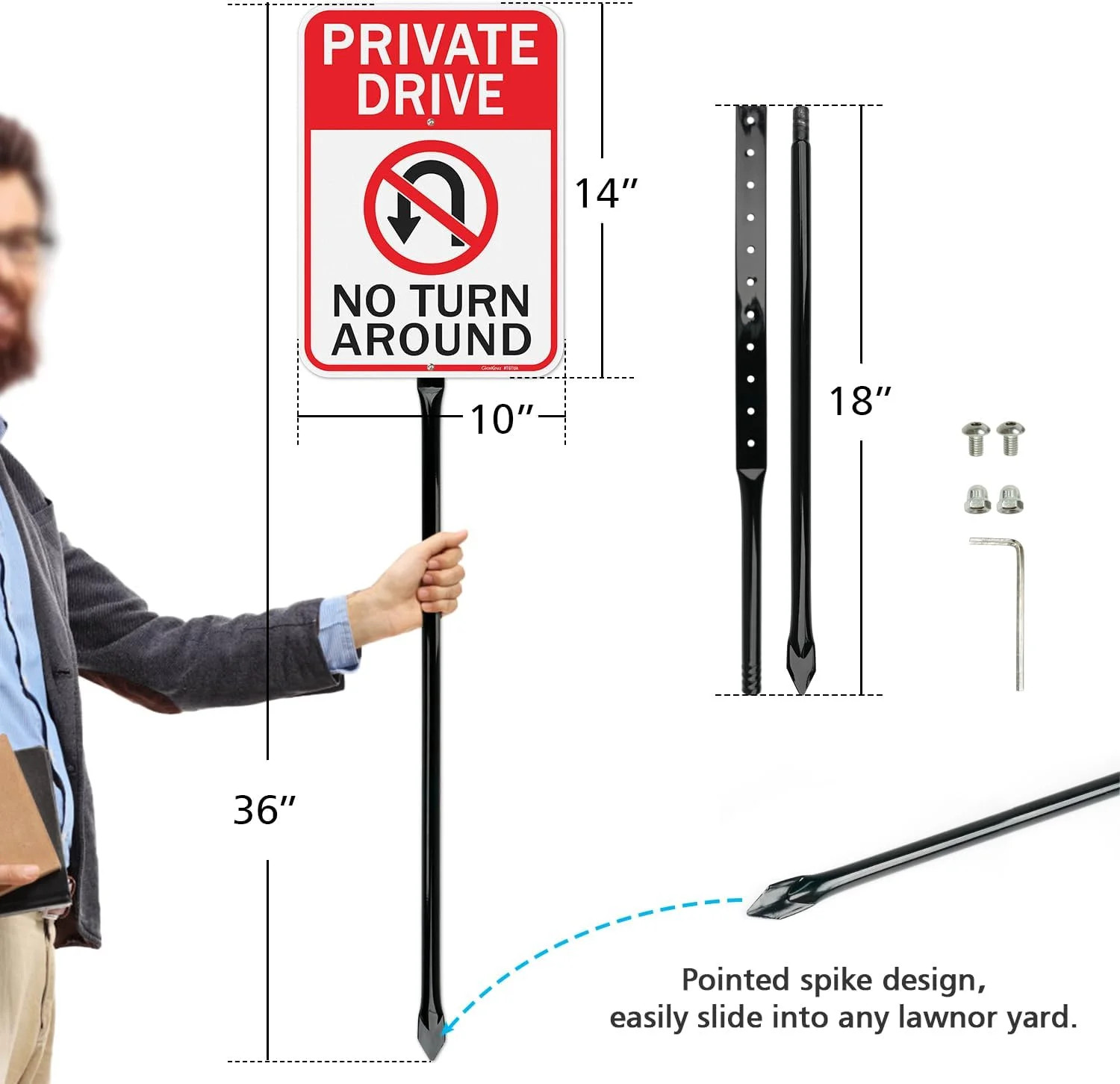 GicnKeuz Private Driveway No Turn Around Signs with 36″ Heavy Duty Metal Stakes,