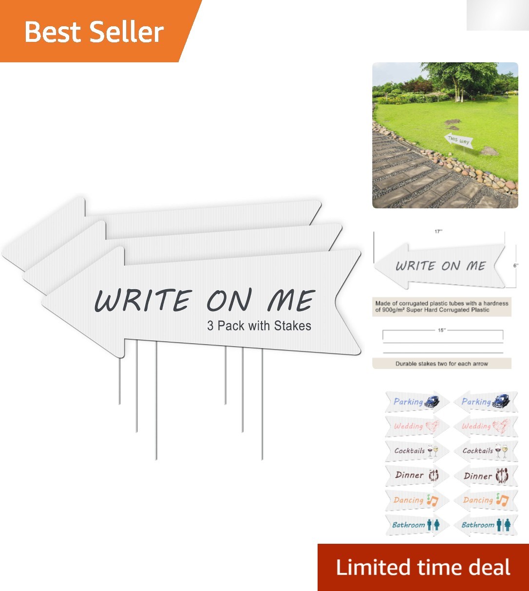 3 Pack Blank Arrow Signs 17×6 Inches – Customizable Wedding Directional Signs