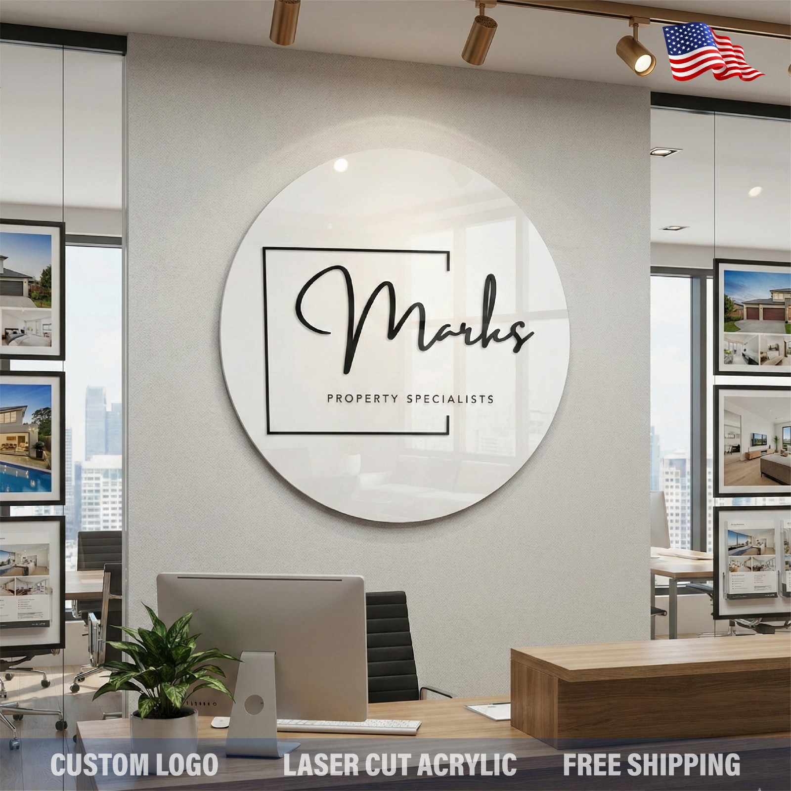 Custom Round Acrylic Logo Wall Sign LED Halo Backlit Mirror Finish
