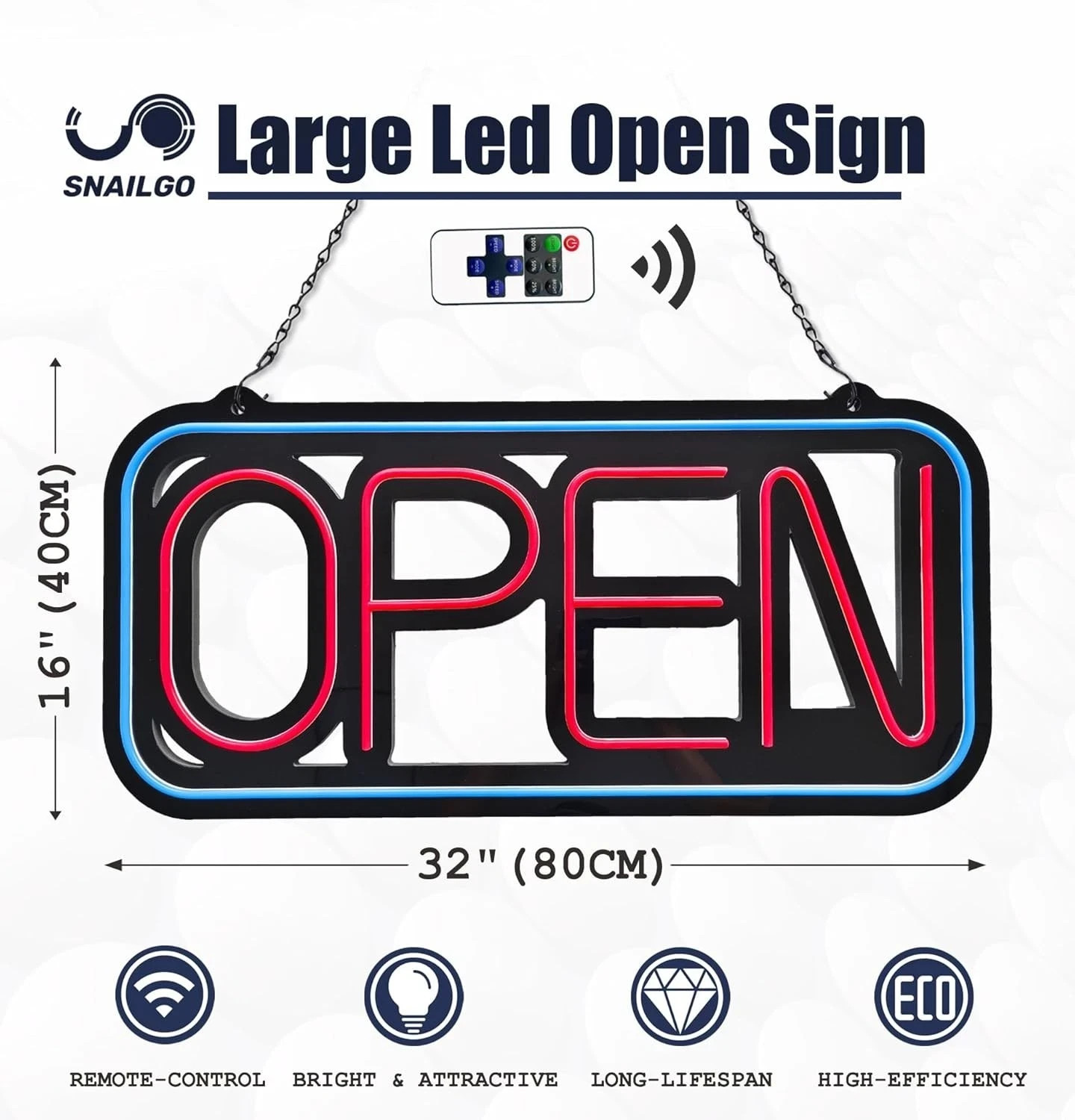 Bright LED Open Sign for Business – 32×16 Inch with Remote & Flashing Mode