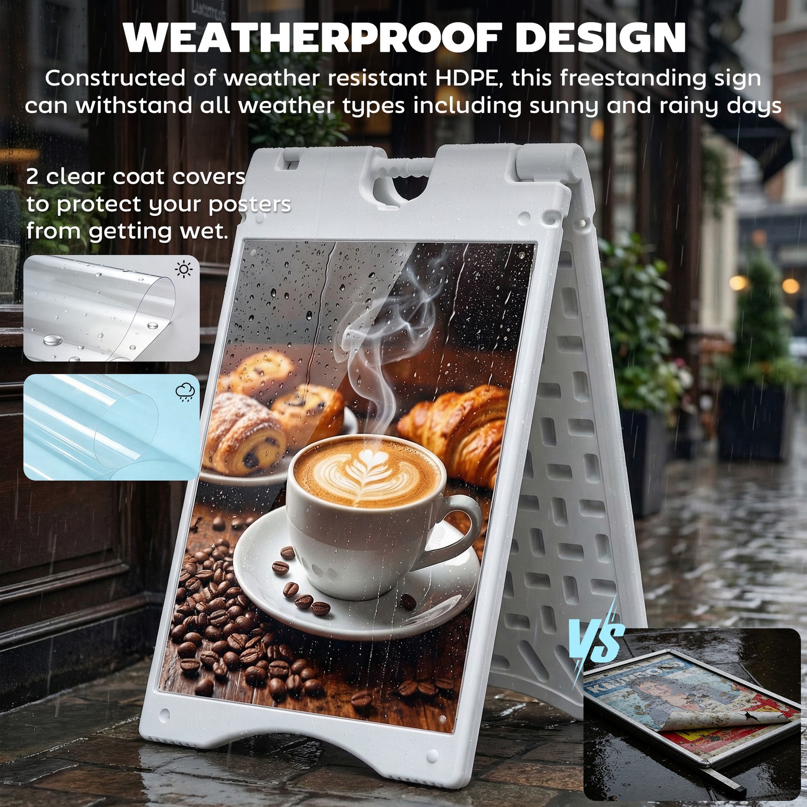 Folding Outdoor Sidewalk Sign Advertising Board w/ Weatherproof Design, White