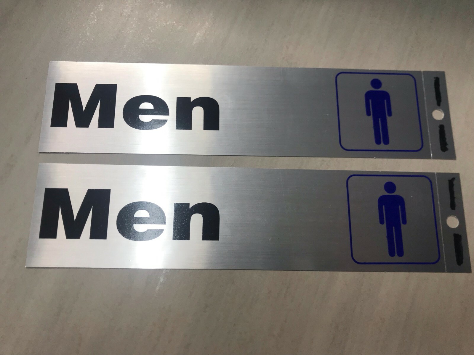 Men restroom Self Adhesive Sign, Nickel, Black and Blue Mylar SET OF 2