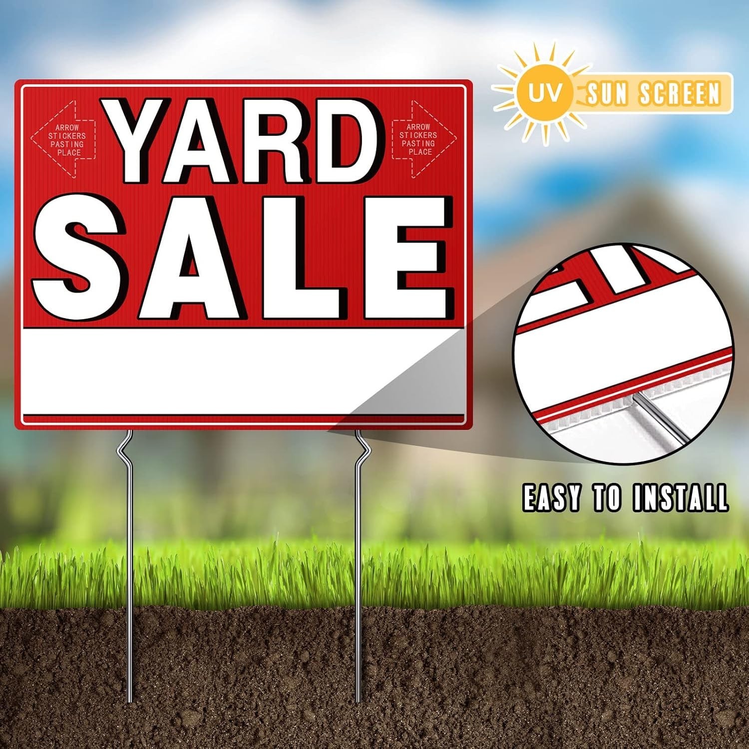 Yard Sale Signs 3 Pack Weatherproof Plastic 17×13 Inches with Stakes and Arrows