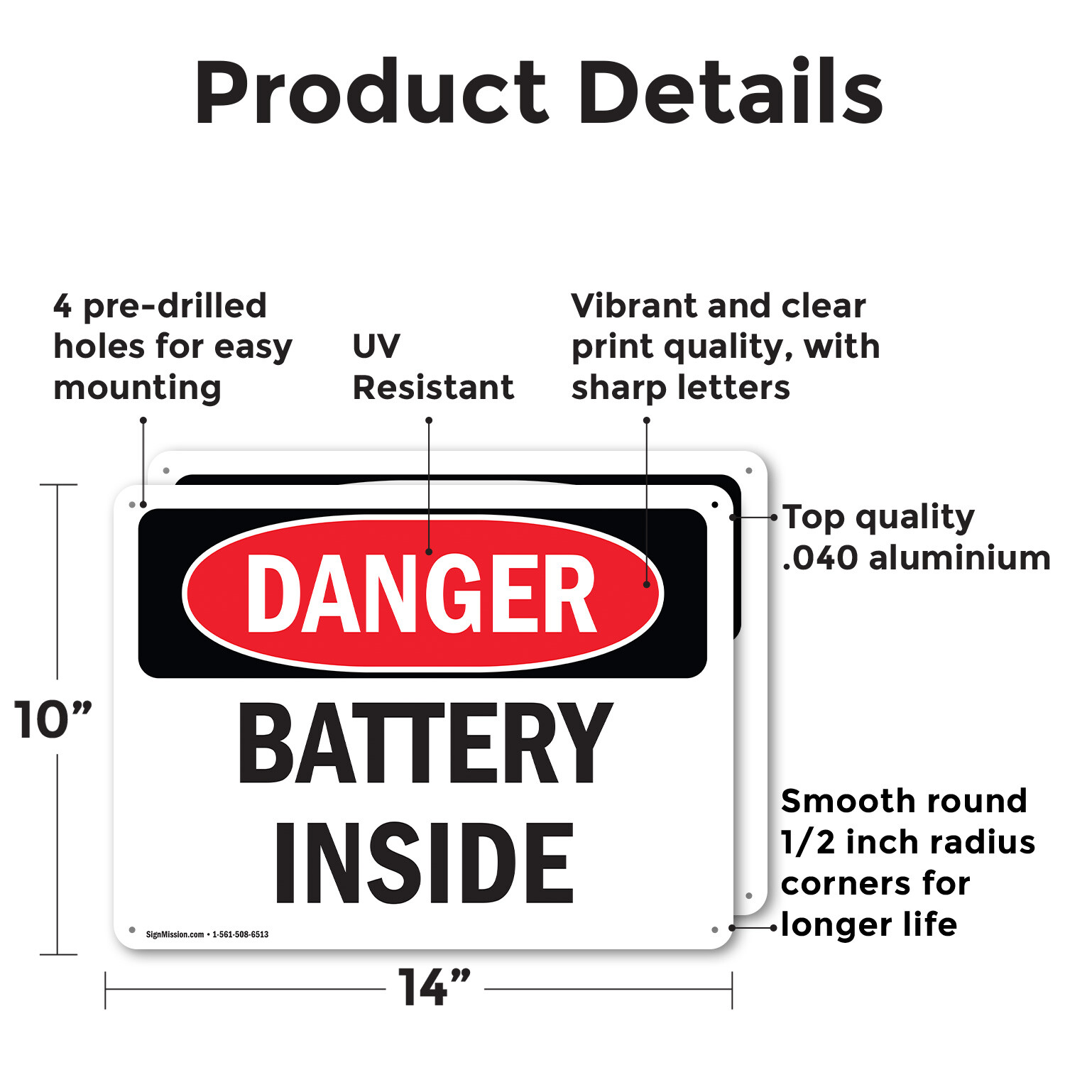 (2 Pack) Battery Inside OSHA Danger Sign Decal Metal Plastic