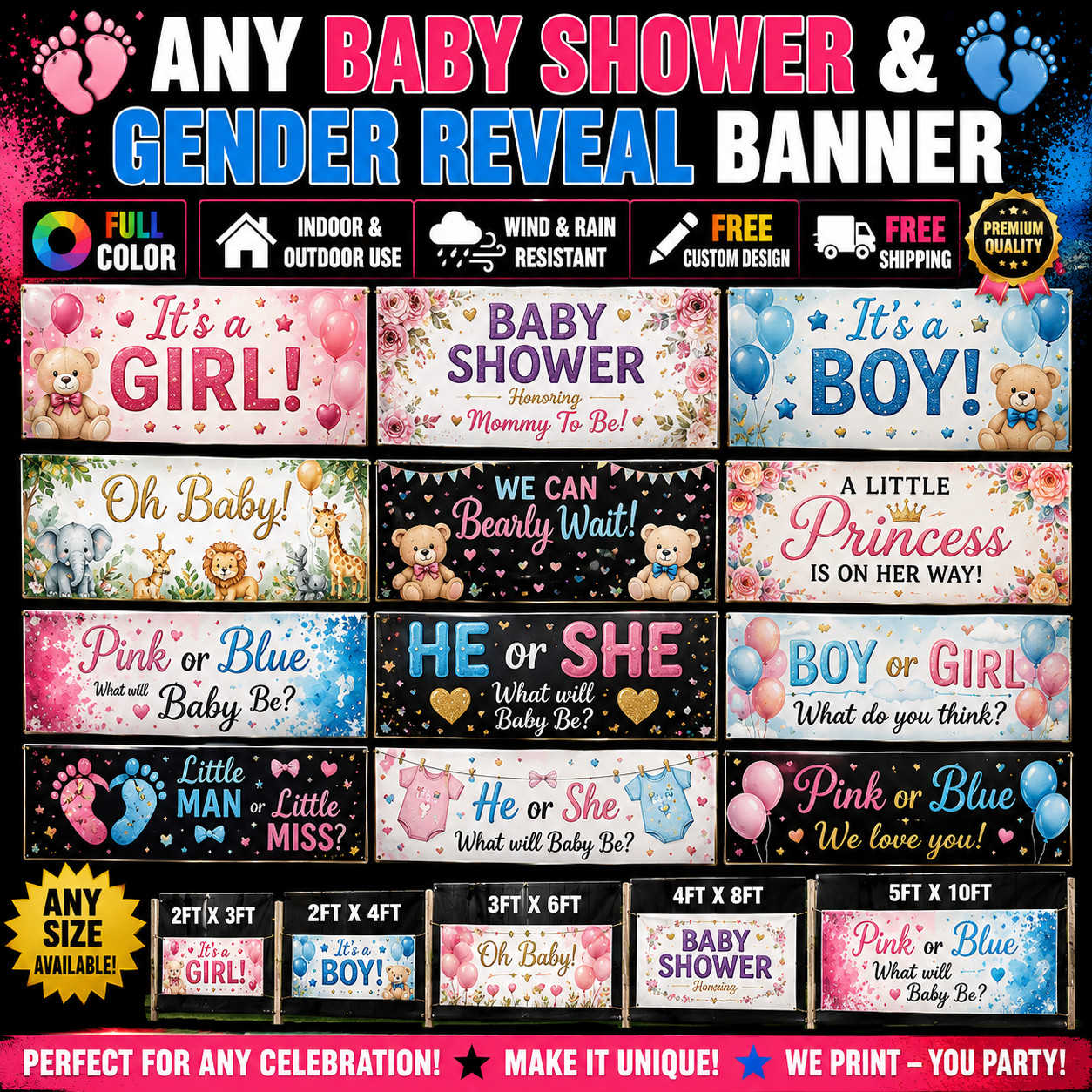 ANY BABY SHOWER OR GENDER REVEAL FULL COLOR BANNER INDOOR OUTDOOR USE