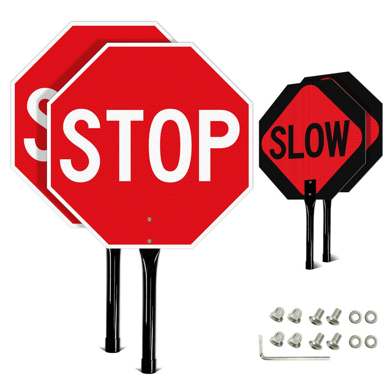 Gicnkeuz Stop Slow Sign Metal Handle 18X18 Inches Double Sided Slow/Stop Sign