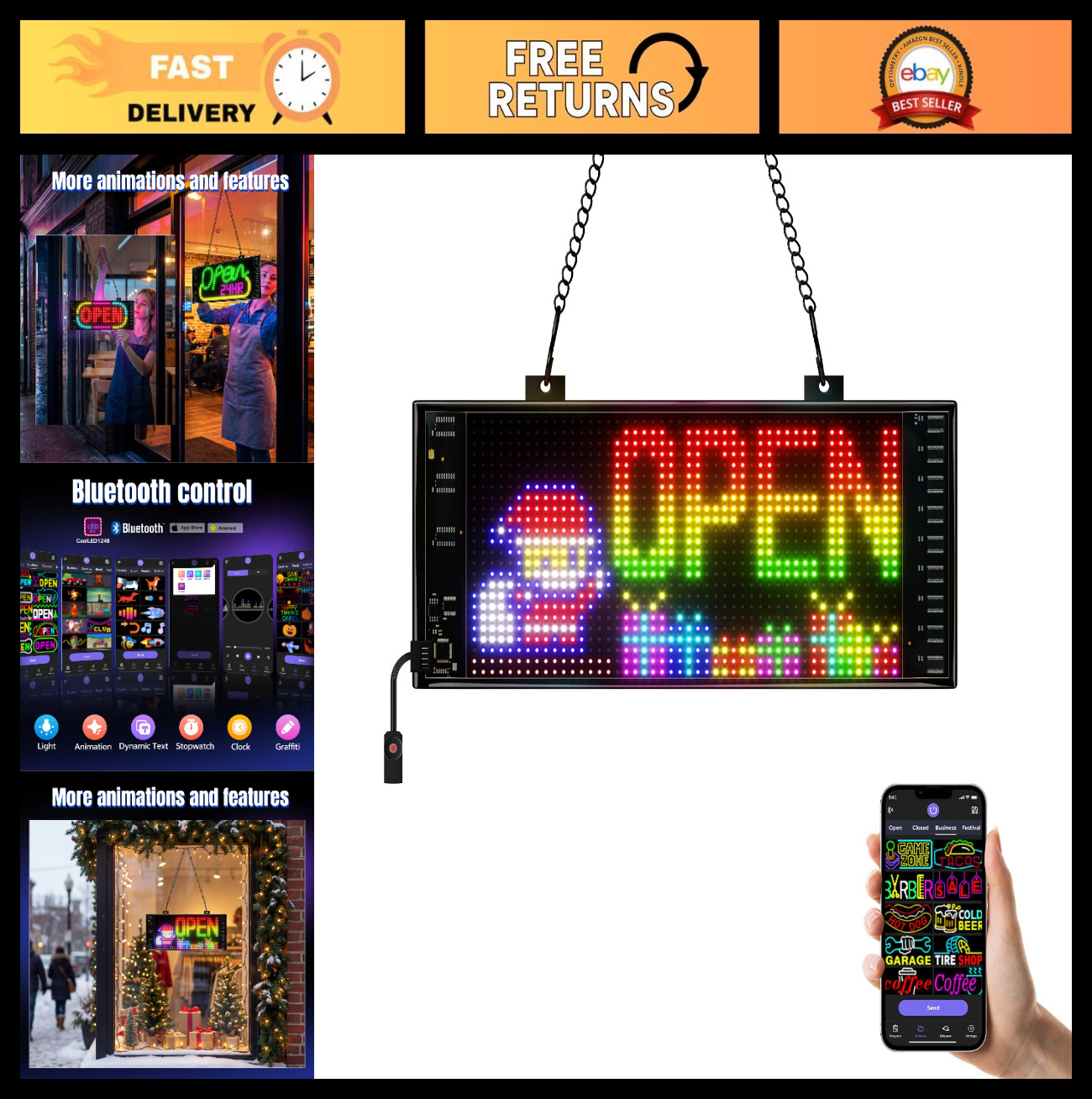 LED Open Sign with Programmable Display, Bluetooth Control, Dynamic Effects for