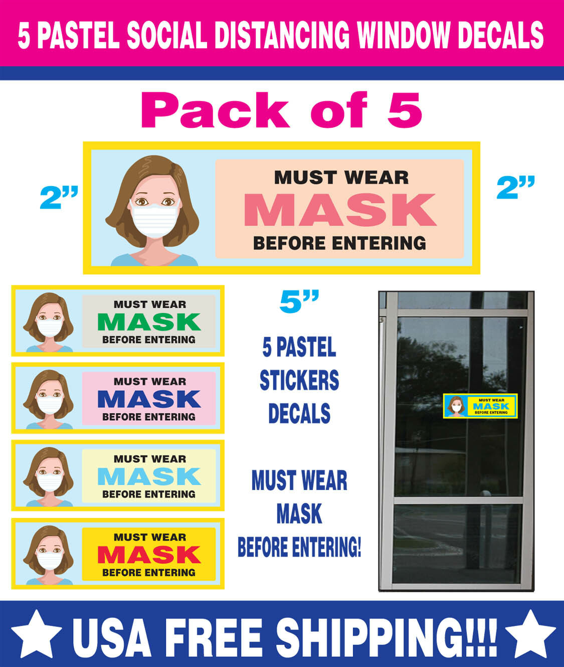 5 PASTEL SOCIAL DISTANCING DOOR DECALS -MUST WEAR MASK STICKERS 2″X5″
