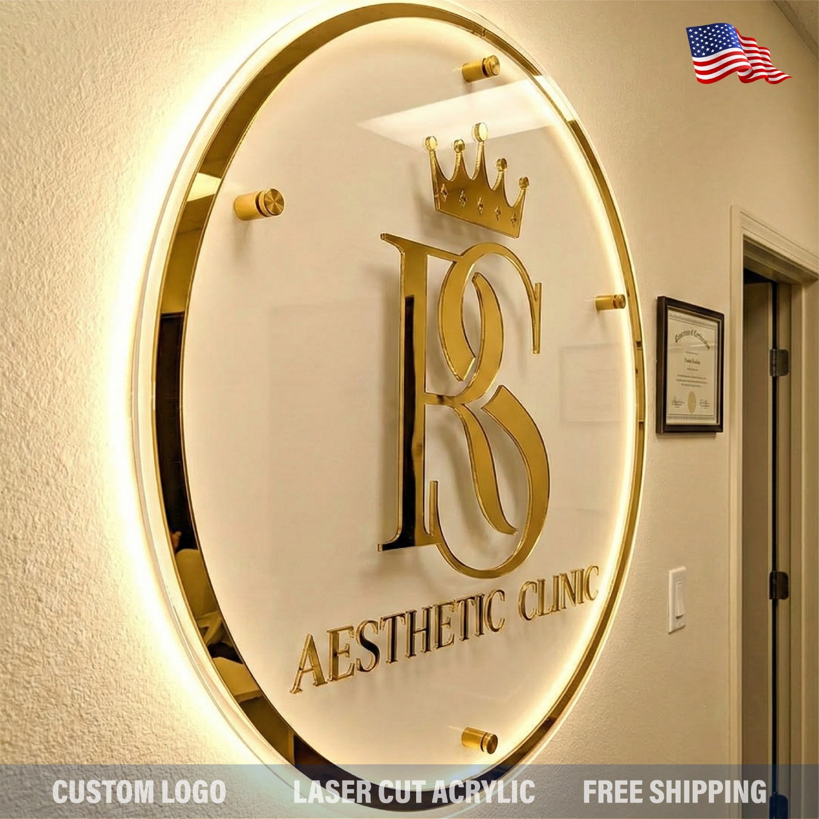 Custom Round Acrylic Logo Wall Sign LED Halo Backlit Mirror Finish