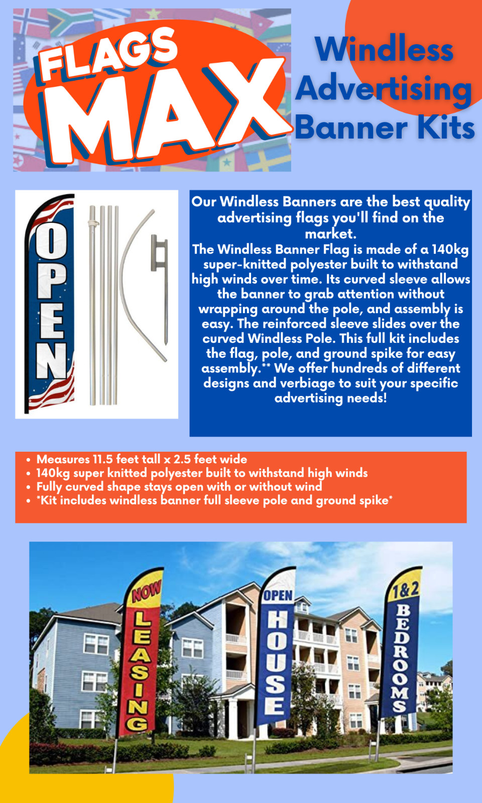White Solid Color Windless Advertising Banner Flag & Pole Kit