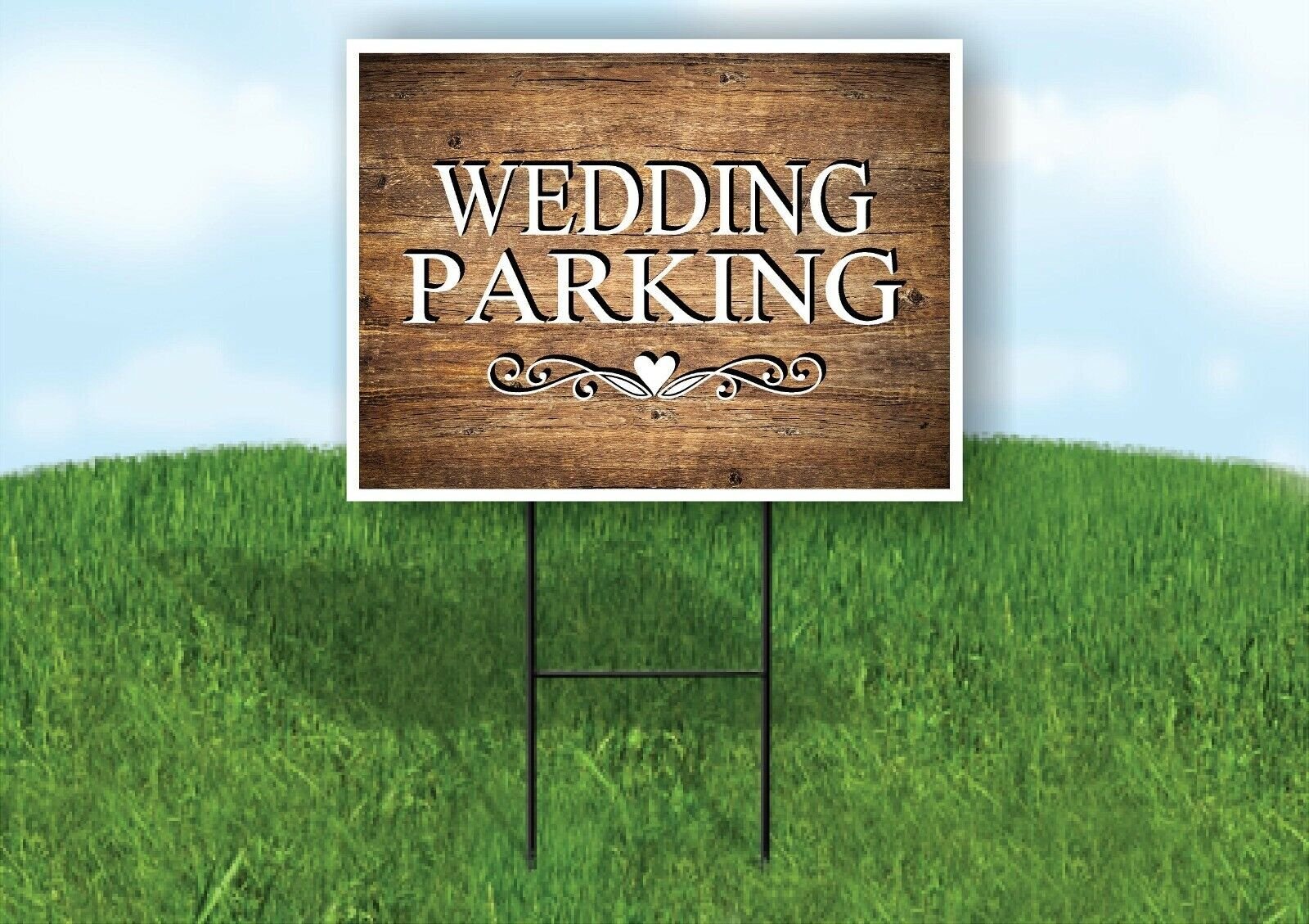 WEDDING PARKING SCROLL HEART WOODGRAIN Yard Sign Road with Stand LAWN SIGN