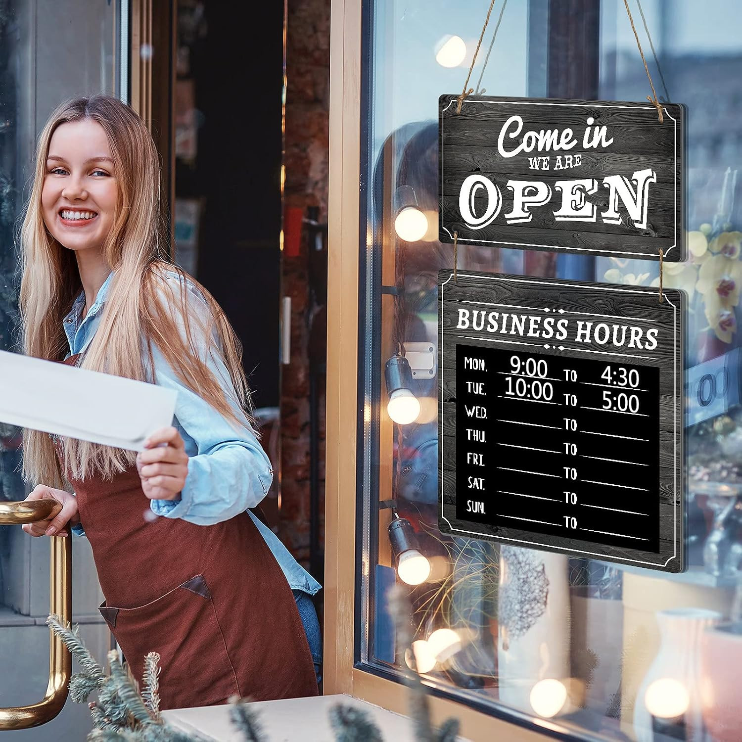 Business Hours Sign Hanging Open and Closed Mark Wooden Double Sided with Time S