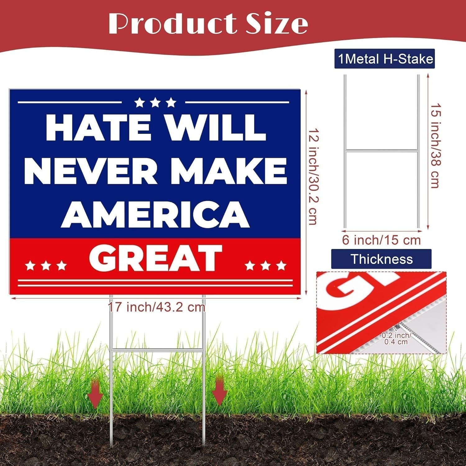 Anti Trump MAGA Yard Sign 17 X 12 Inch Hate Will Never Make America Great Sign w