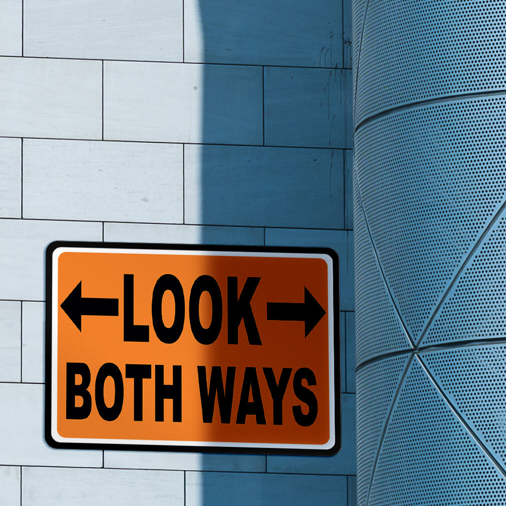 Horizontal Metal Sign Look Both Ways Orange Weatherproof Street Signage
