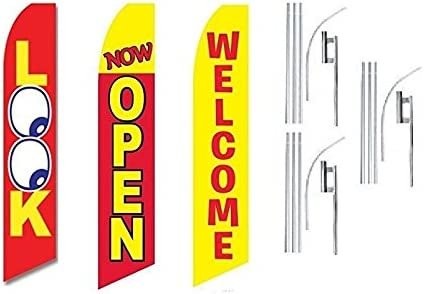 3 Pack Set Look Now Open Welcome Swooper Super Flag with Pole and Ground Spike