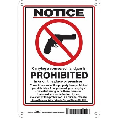 Condor 453T37 No Concealed Weapons Sign, 10 In H, 7 In W, Aluminum, Horizontal