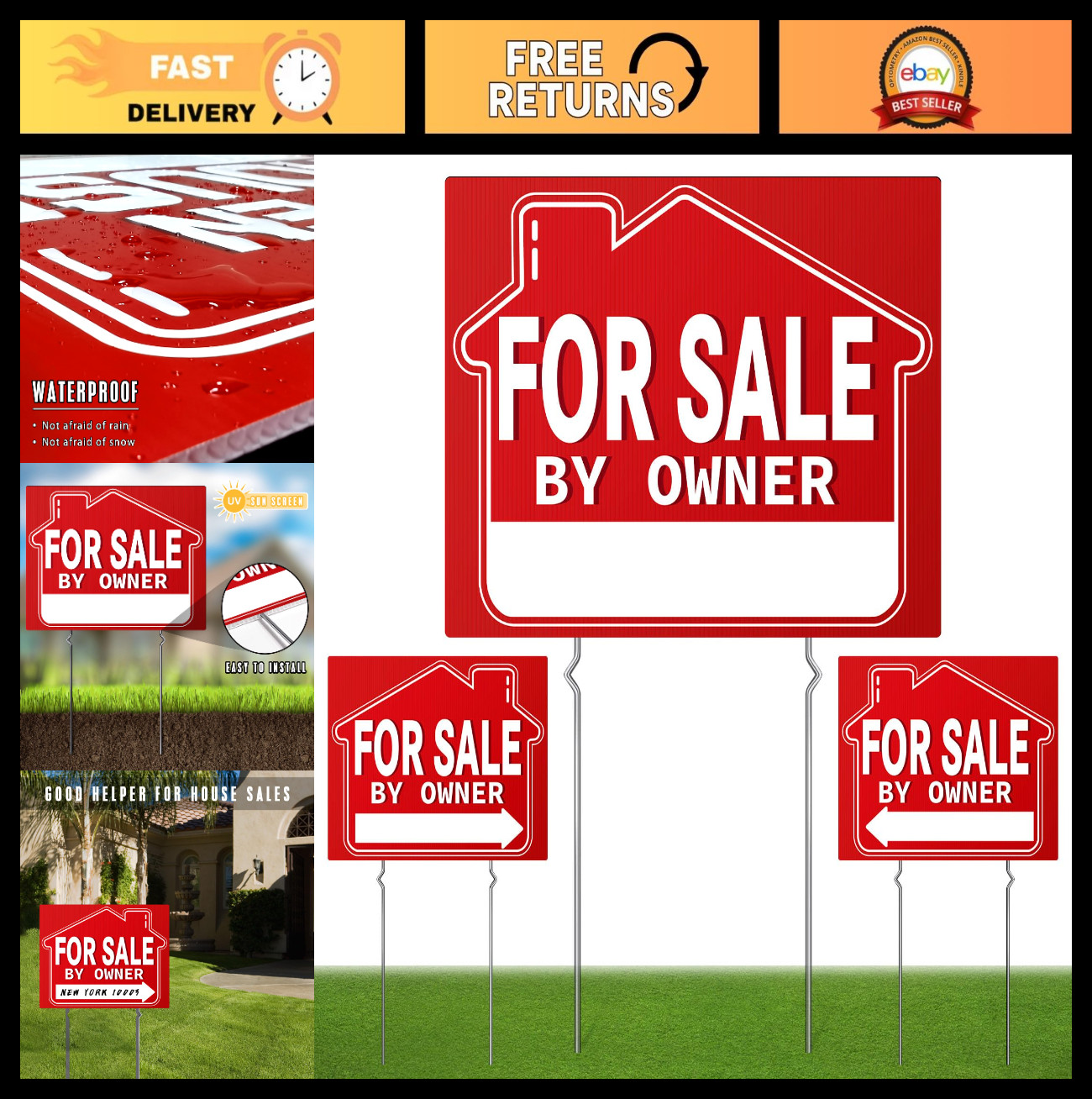 For Sale By Owner Yard Signs (3 Pack) – 18″ X 14″ Double-Sided with H Stakes