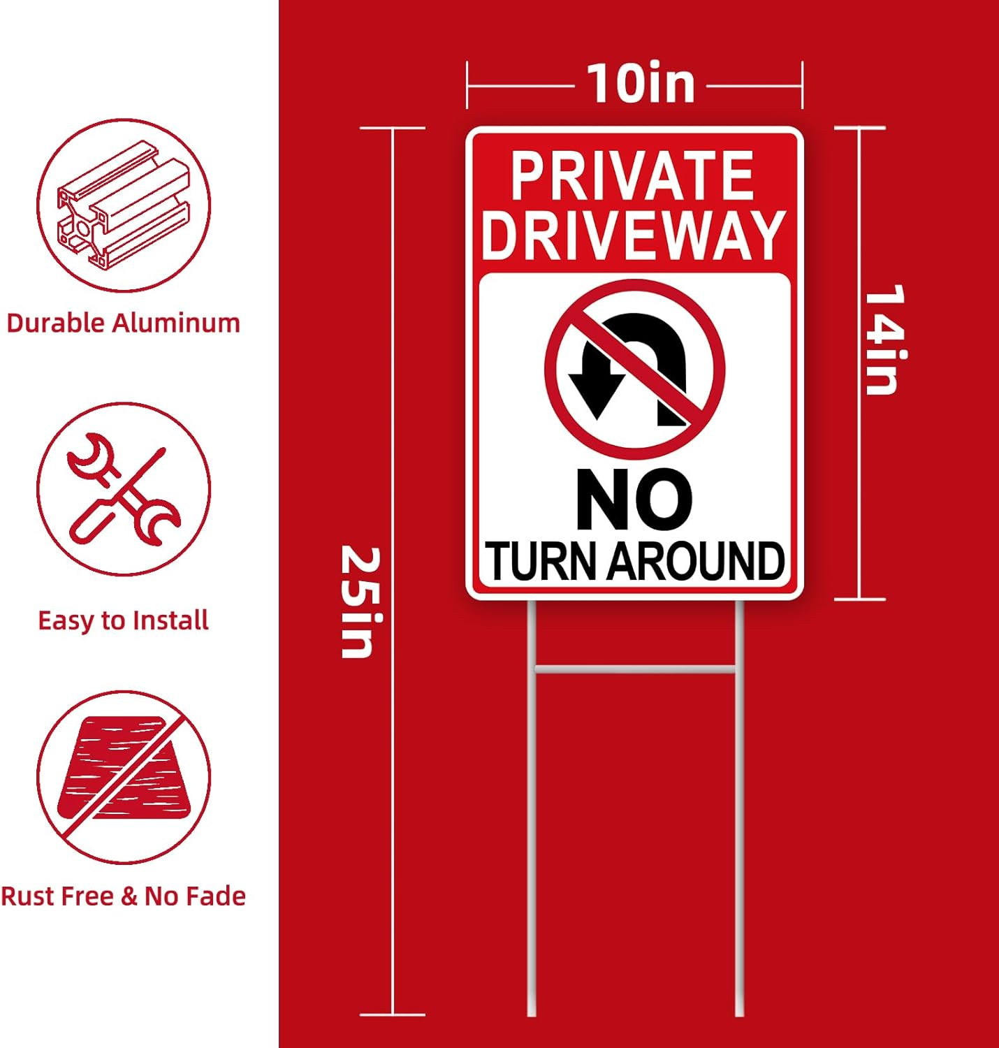 Private Driveway No Turnaround Signs 14″x10″, 2 Pack with H-Stakes and Tape