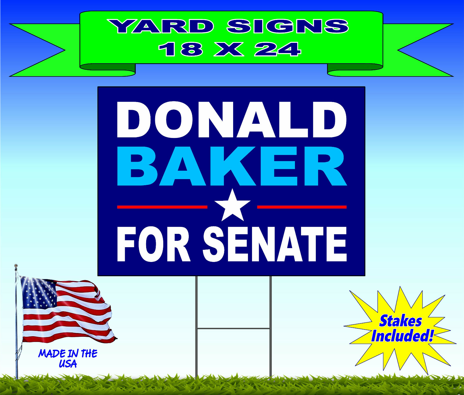 100 – 18×24 Yard Signs – Custom Design – Full Color – 2 Sided – Stakes Included!