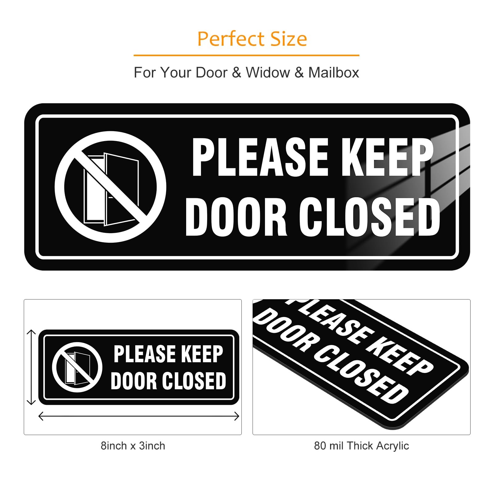 4 Pack- Please Keep Door Closed Signs Self-Adhesive, 8x3inch, Black（Acrylic）