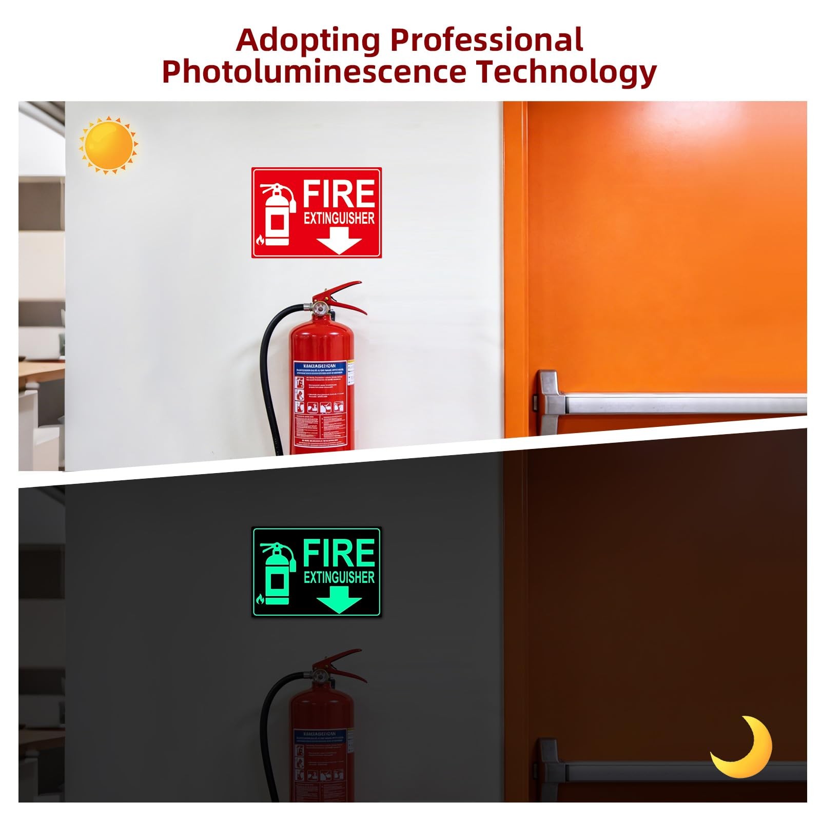 Fire Extinguisher Sign Sticker Glow in The Dark with Arrow 10x 7Inch 2 Pack