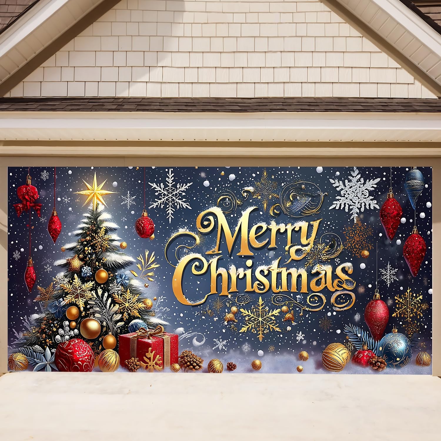 Luxury 13×6 ft Garage Door Banner – Gold Text, Snow Scene, Trees – Party Decor