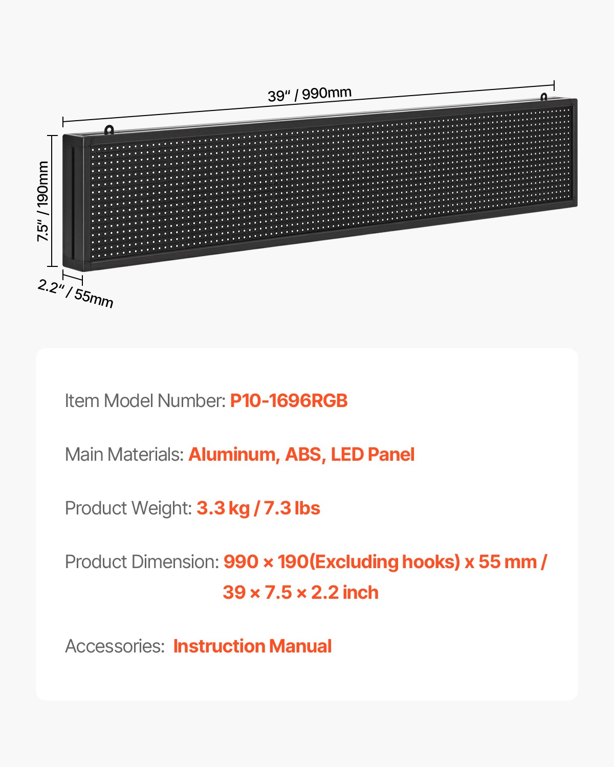 VEVOR 40×8 in Programmable LED Sign Digital Scrolling Display Board P10
