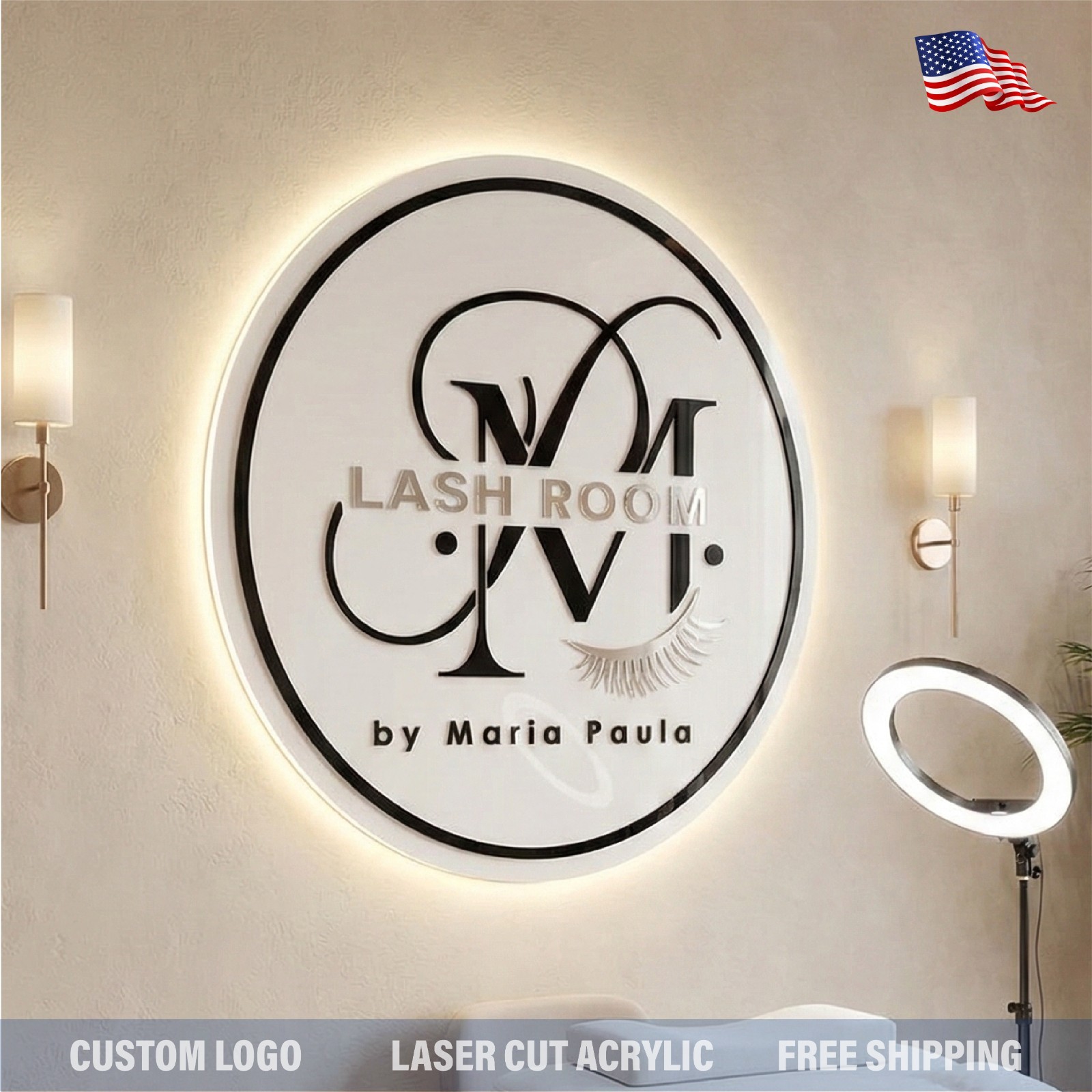 Custom Round Acrylic Logo Wall Sign LED Halo Backlit Mirror Finish