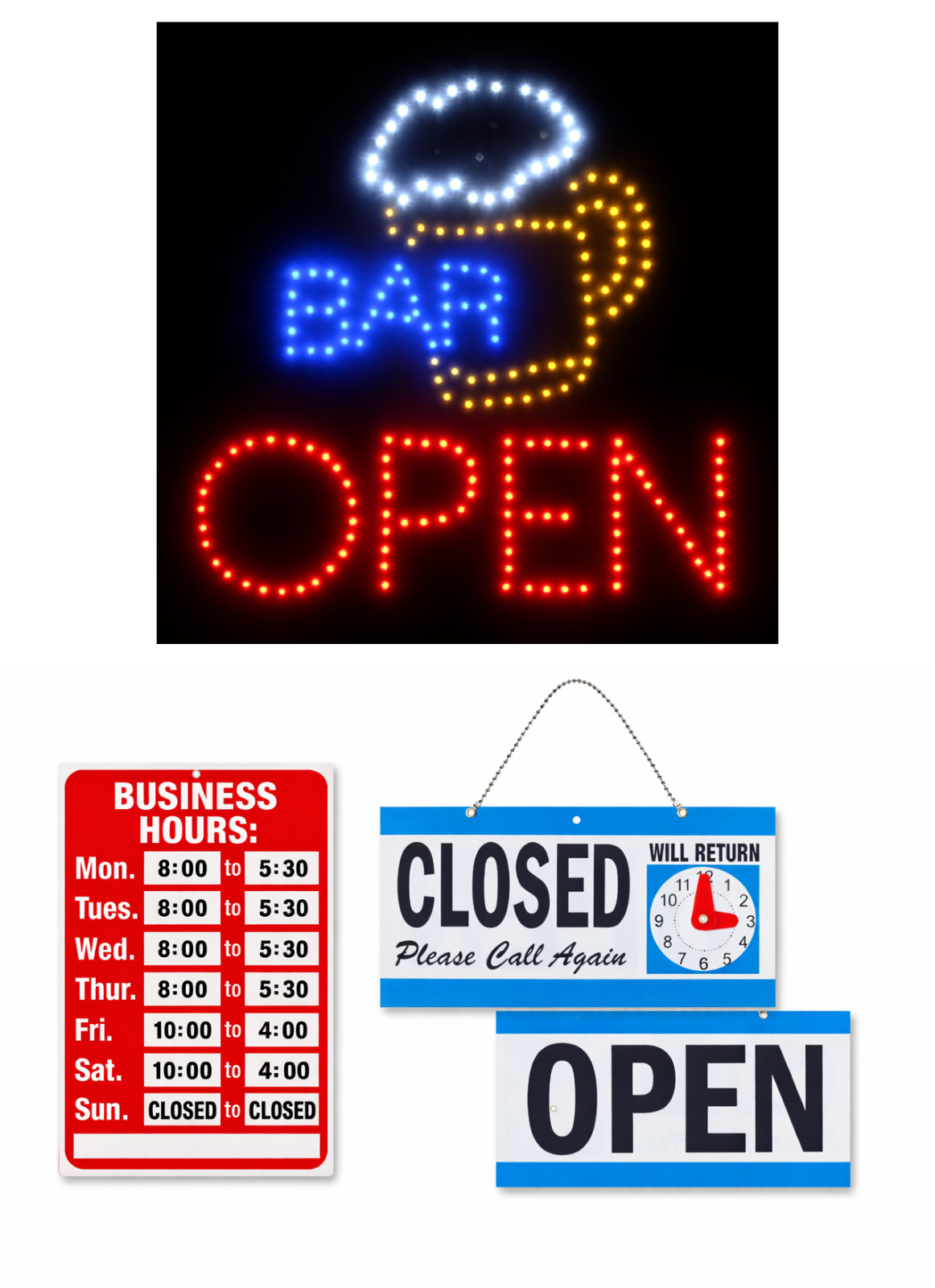 LED Neon Open Sign and Business Hour Sign Bundle for Business – Includes 3 Signs