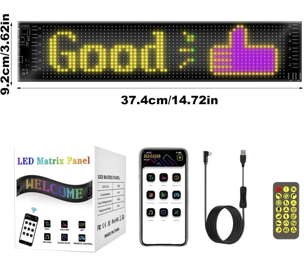Led Matrix Panel Flexible 3.62” X 14.72” Sign With Remote Multi Color
