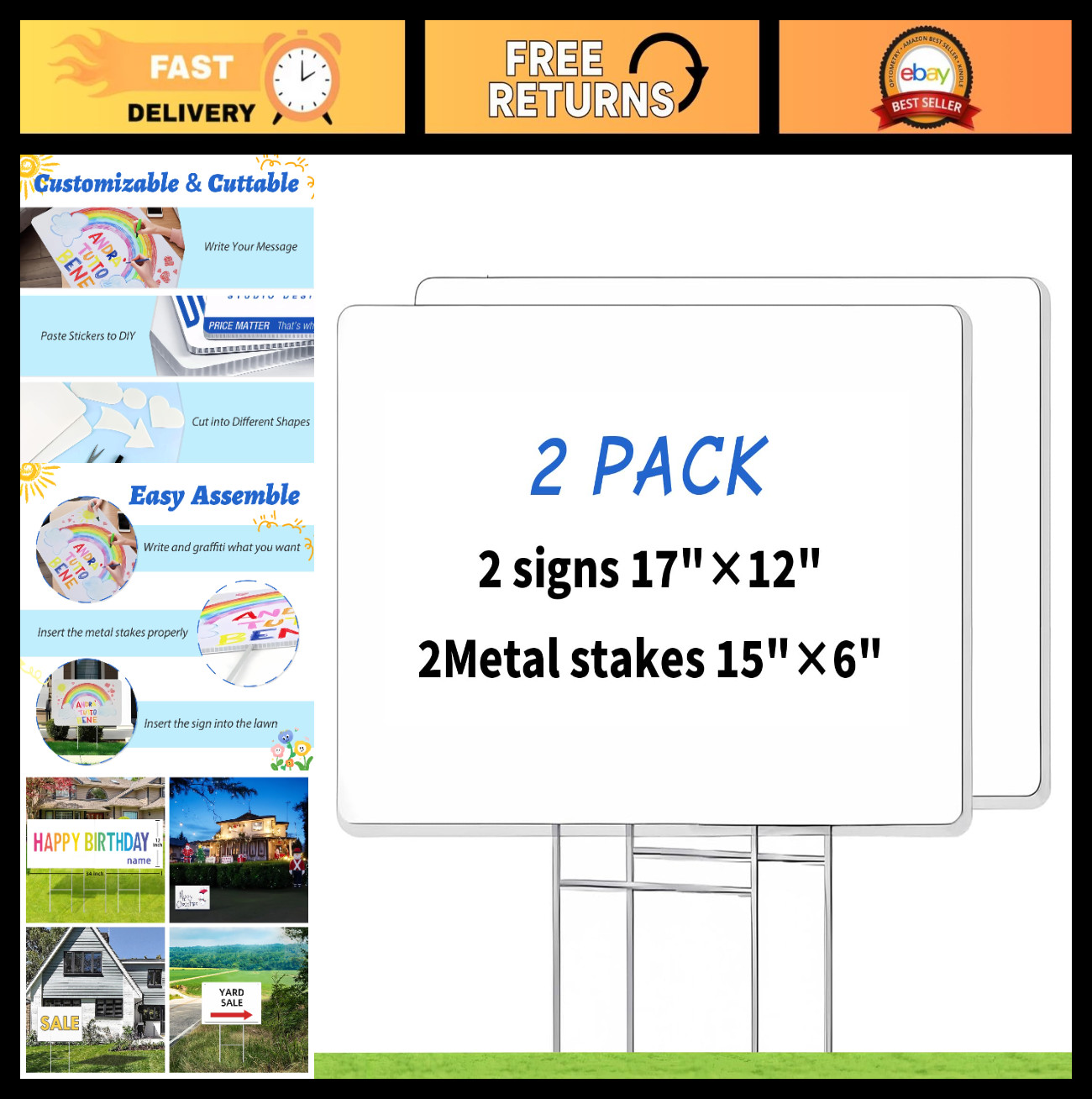 Blank Yard Signs with Stakes – 2 Pack 17×12″ Double-Sided Corrugated Plastic for