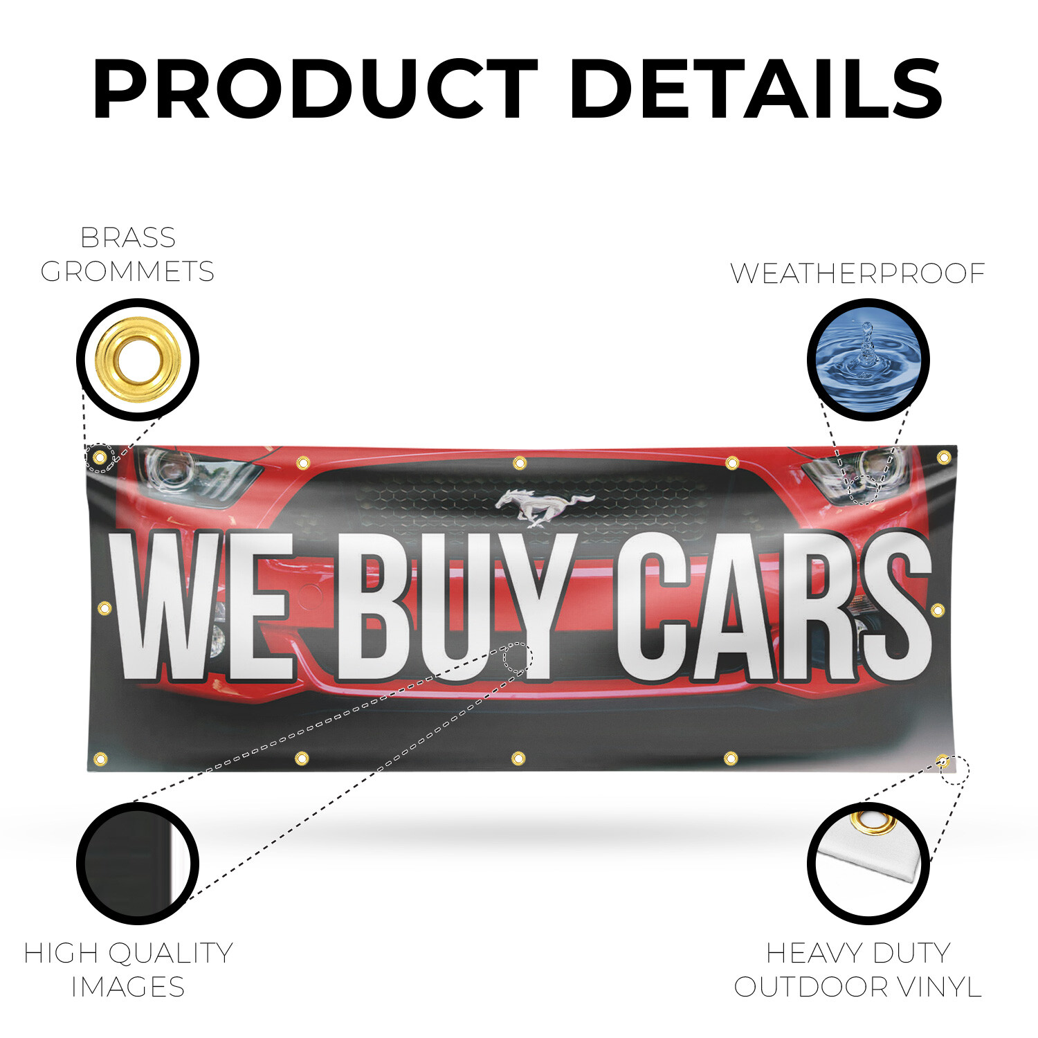 We Buy Cars 13 oz Vinyl Banner Sign with Metal Grommets Heavy-Duty Single-Sided