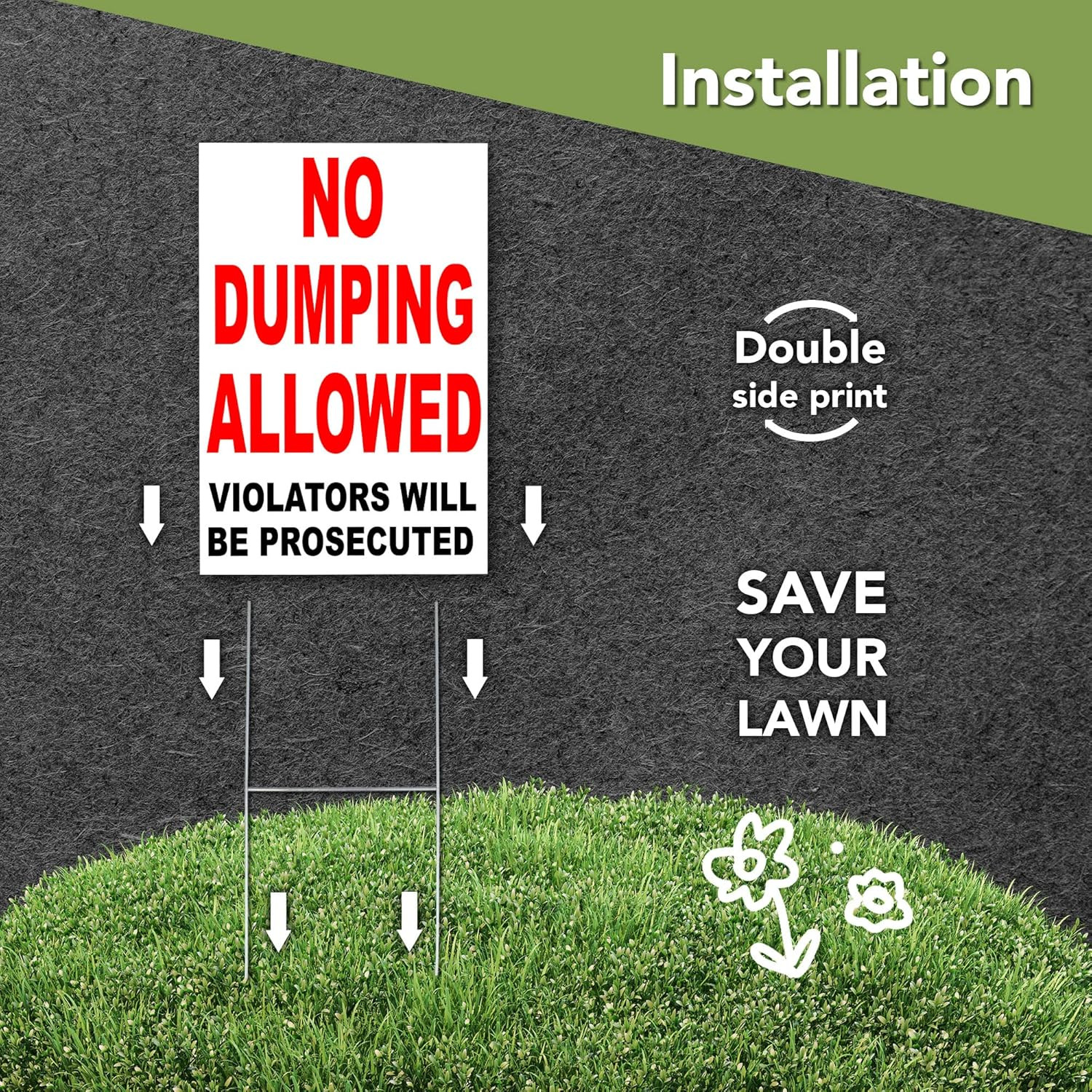 No Dumping Sign with Stake, 8×12 DS Coroplast No Littering Sign Outdoor for Yard
