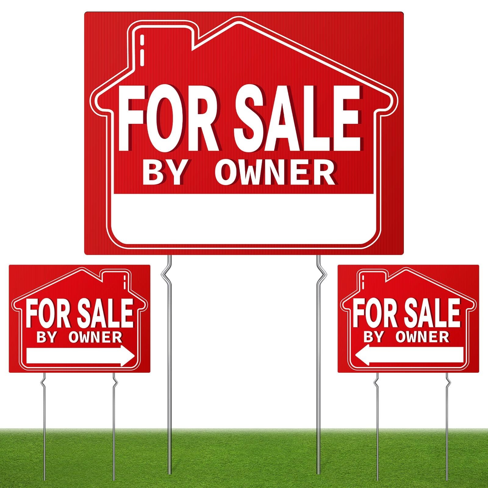 For Sale By Owner Yard Signs (3 Pack) – 18″ X 14″ Double-Sided with H Stakes