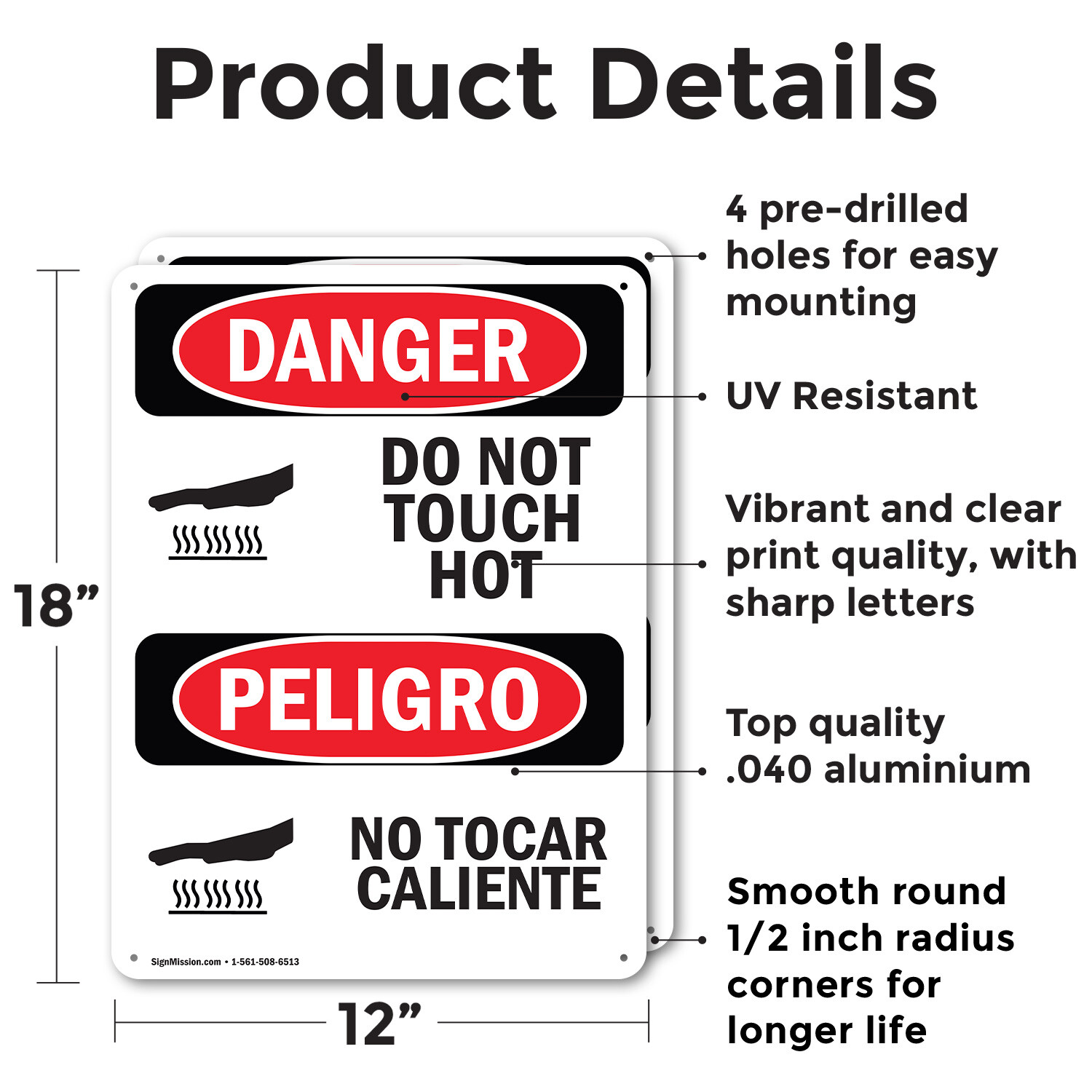 (2 Pack) Do Not Touch Hot Bilingual OSHA Danger Sign Decal Metal Plastic