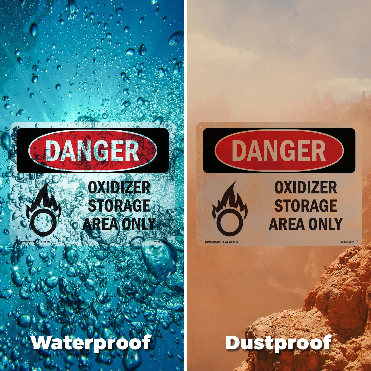 Oxidizer Storage Area Only OSHA Danger Sign Metal, Plastic, Decal 5 or 10 Pack