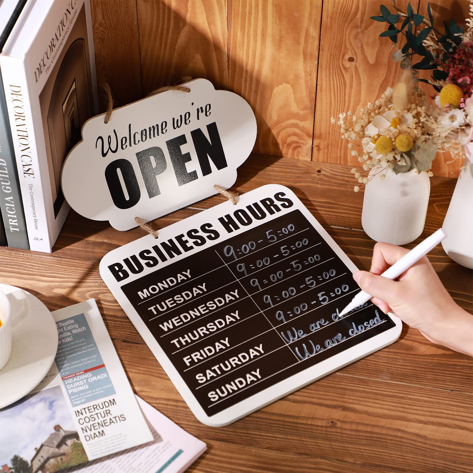 Business Hours Hanging Chalkboard Open Closed Sign Wooden Welcome Chalk Board…