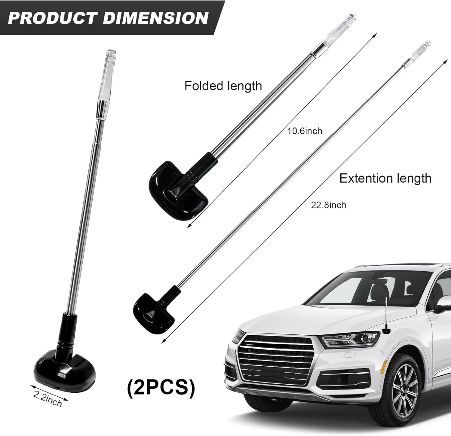 Car Bumper Corner Antenna Pole Adjustable Chrome Poles Set 11x2x1.5 in 2 Pk